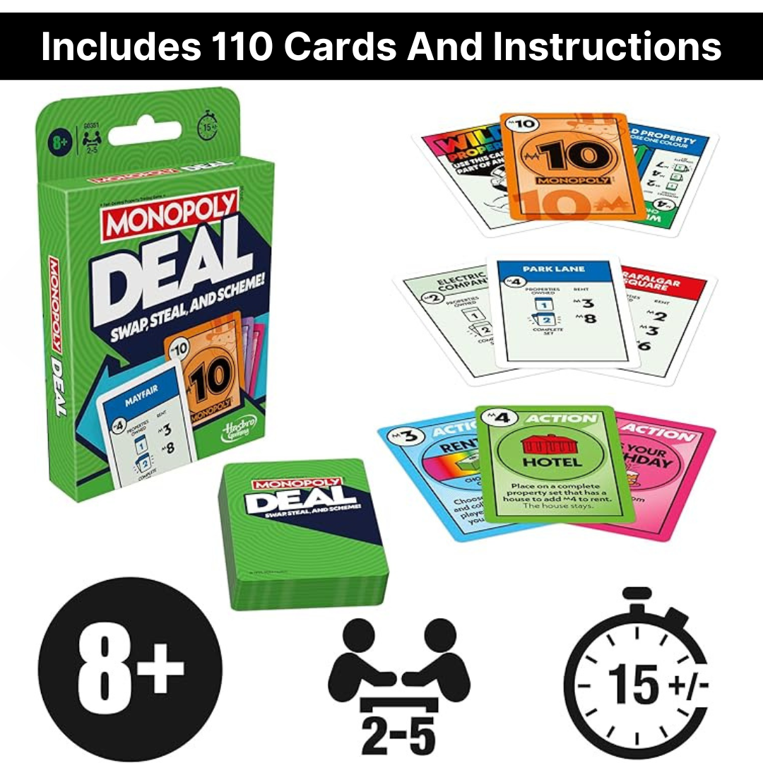 Monopoly Deal Card Games with 4 Sweet Bags + Scorecard | Board Games, Playing Cards, Travel Games, Kids Games, Card Games for Adults, Hasbro