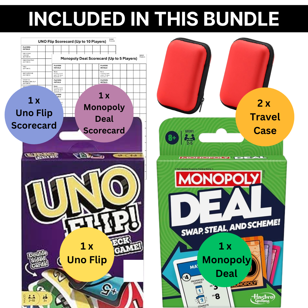 Uno Flip & Monopoly Deal Card Game + 2 Scorecards & 2 Travel Cases | Uno Card Game, Travel Games, Childrens Games, Mattel, Hasbro