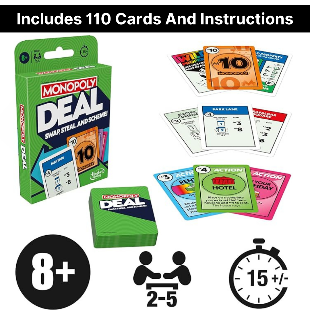 Monopoly Deal Card Game & Travel Case + 4 Scorecards | Card Games for Adults, Travel Games for Kids, Board Games – Hasbro Card Games for Families